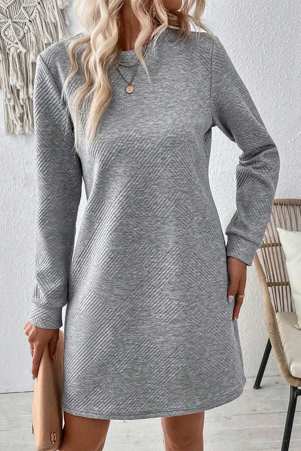 Textured Round Neck Long Sleeve Mini Dress